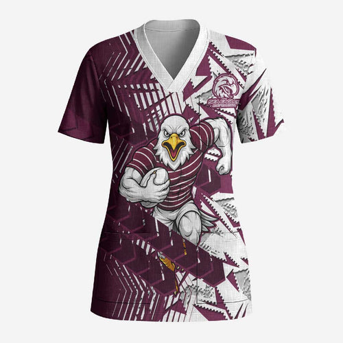 Manly Warringah Sea Eagles Rugby Scrub Top Fierce Mascot Geometric Tribal Art