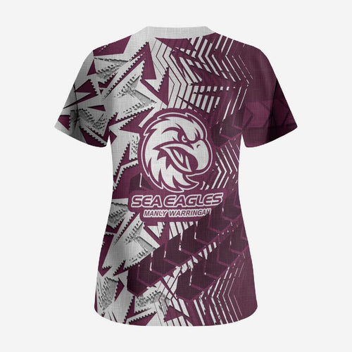 Manly Warringah Sea Eagles Rugby Scrub Top Fierce Mascot Geometric Tribal Art