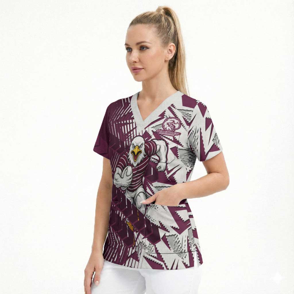 Manly Warringah Sea Eagles Rugby Scrub Top Fierce Mascot Geometric Tribal Art