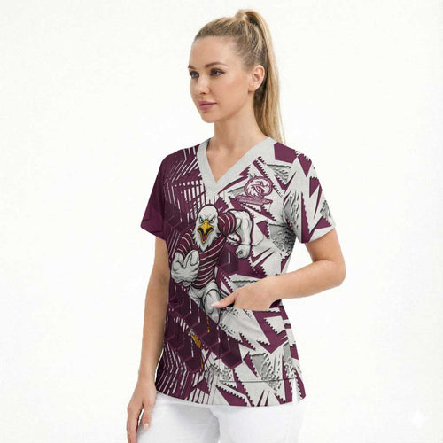 Manly Warringah Sea Eagles Rugby Scrub Top Fierce Mascot Geometric Tribal Art