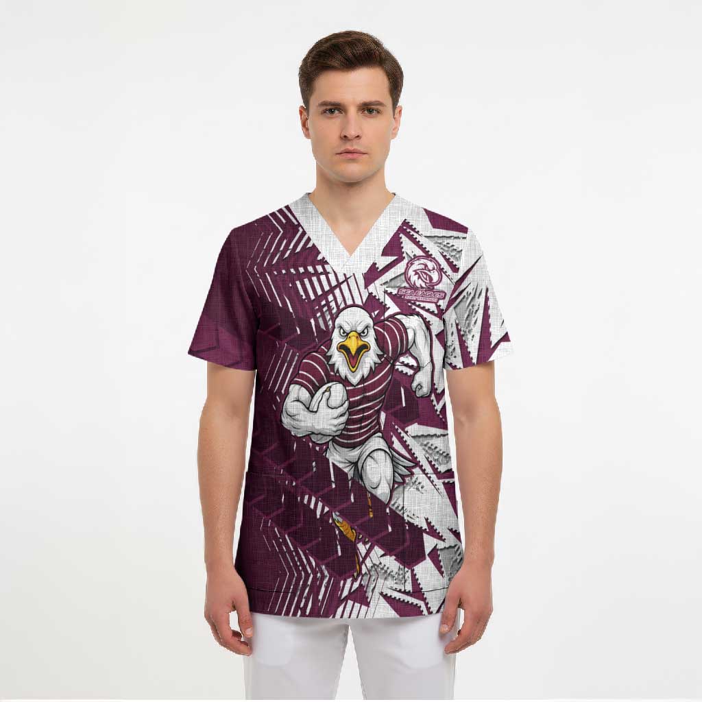 Manly Warringah Sea Eagles Rugby Scrub Top Fierce Mascot Geometric Tribal Art