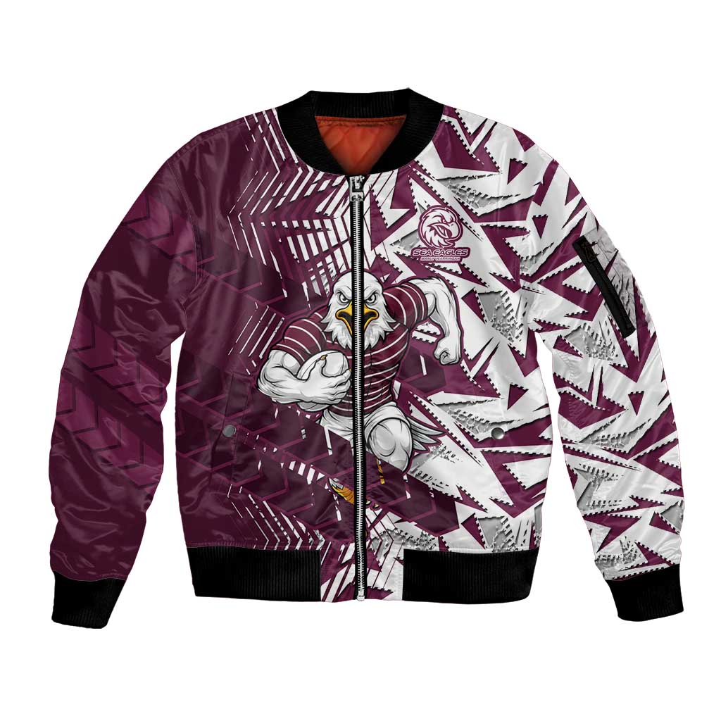 Manly Warringah Sea Eagles Rugby Sleeve Zip Bomber Jacket Fierce Mascot Geometric Tribal Art