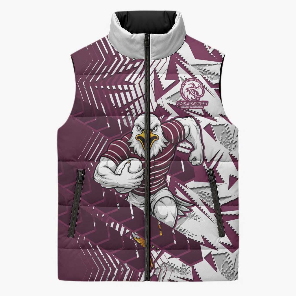 Manly Warringah Sea Eagles Rugby Sleeveless Puffer Jacket Fierce Mascot Geometric Tribal Art