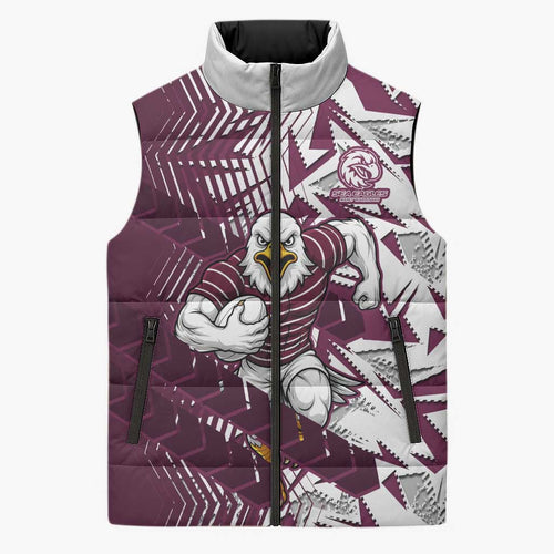 Manly Warringah Sea Eagles Rugby Sleeveless Puffer Jacket Fierce Mascot Geometric Tribal Art