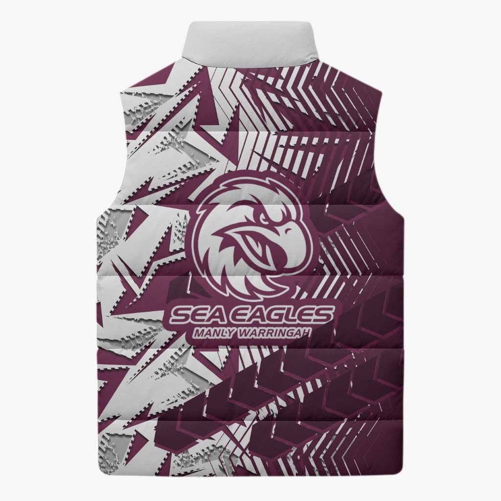 Manly Warringah Sea Eagles Rugby Sleeveless Puffer Jacket Fierce Mascot Geometric Tribal Art