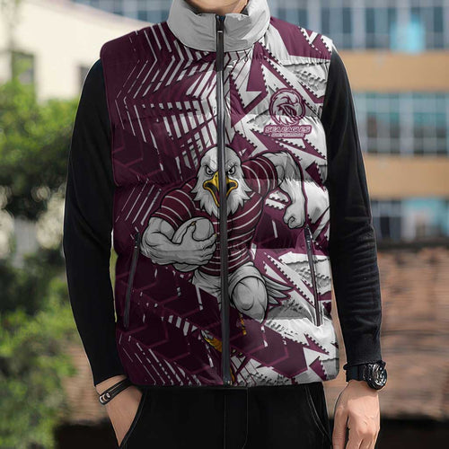 Manly Warringah Sea Eagles Rugby Sleeveless Puffer Jacket Fierce Mascot Geometric Tribal Art