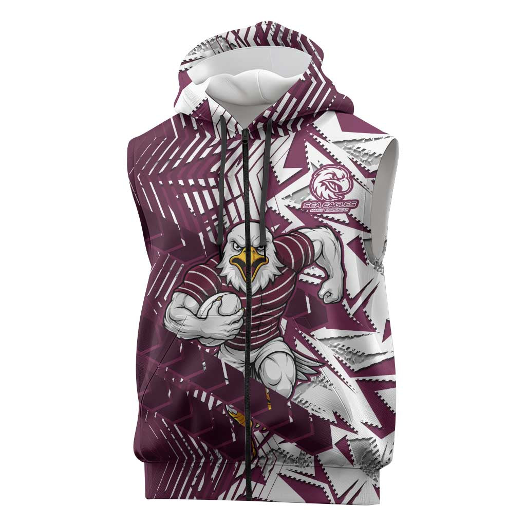 Manly Warringah Sea Eagles Rugby Sleeveless Zip Hoodie Fierce Mascot Geometric Tribal Art