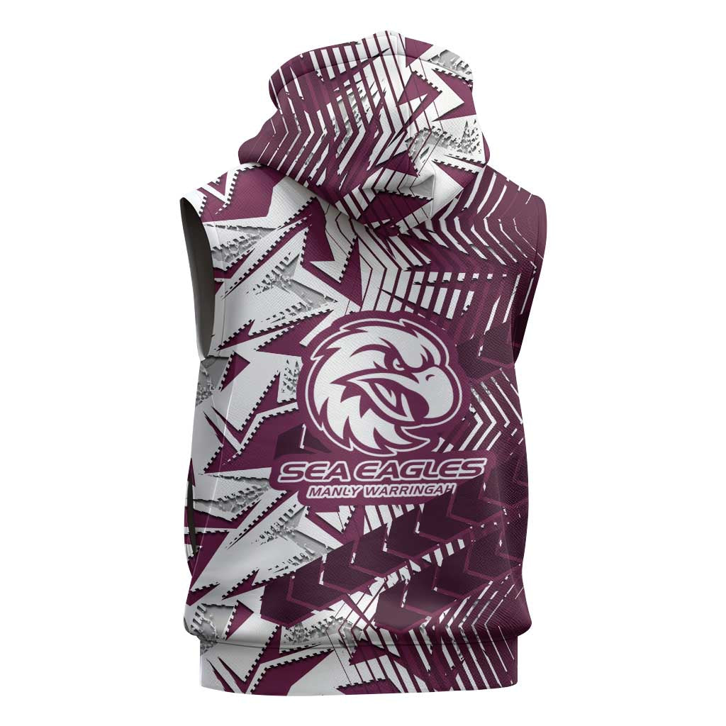 Manly Warringah Sea Eagles Rugby Sleeveless Zip Hoodie Fierce Mascot Geometric Tribal Art