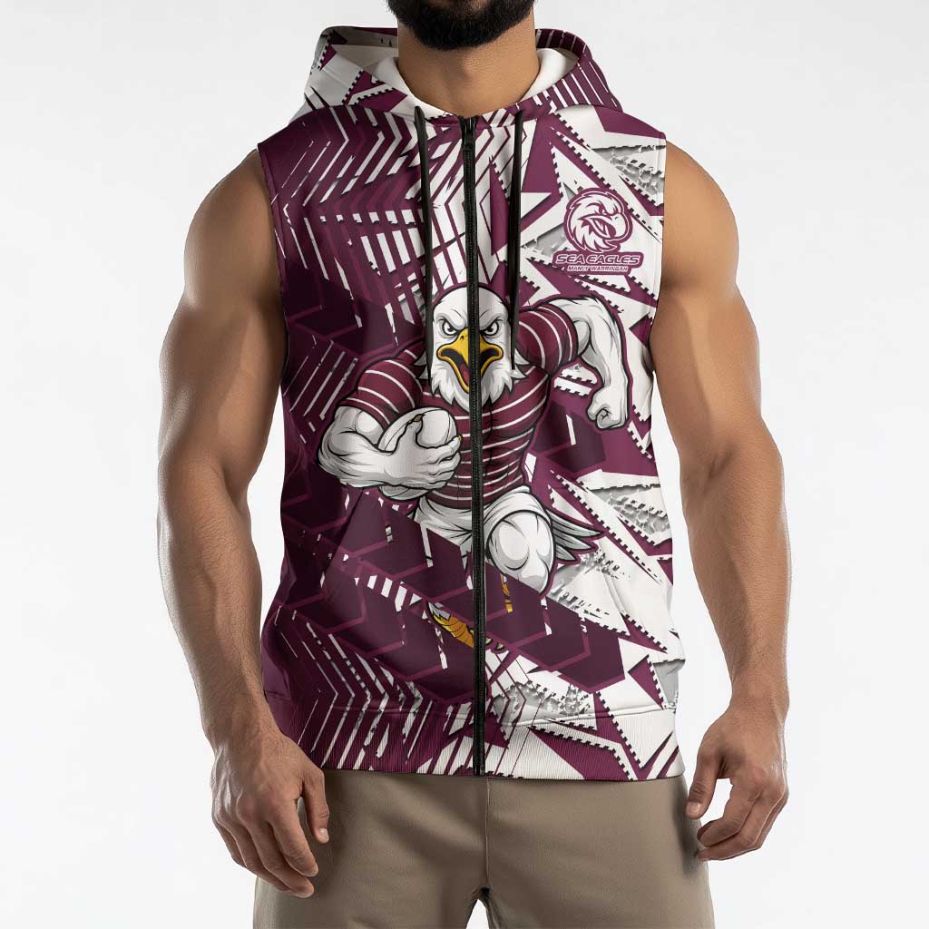Manly Warringah Sea Eagles Rugby Sleeveless Zip Hoodie Fierce Mascot Geometric Tribal Art