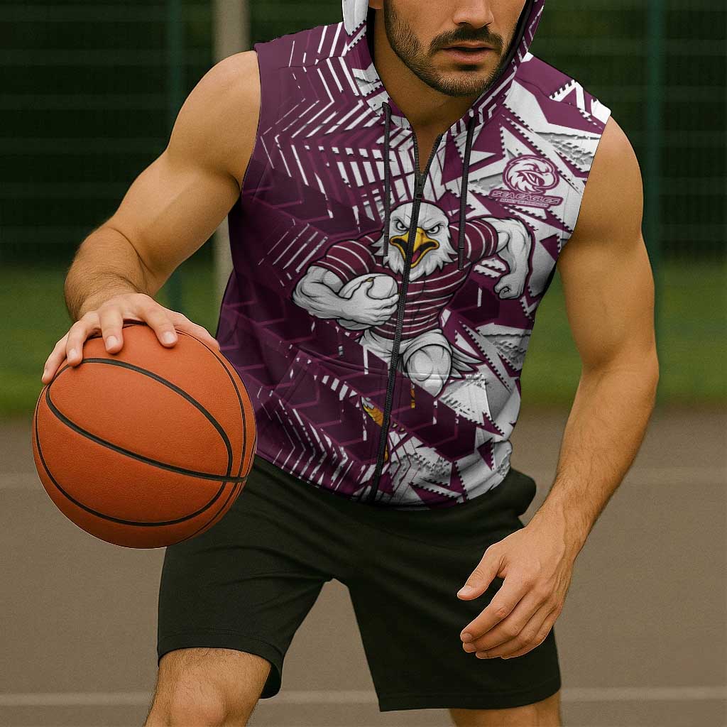 Manly Warringah Sea Eagles Rugby Sleeveless Zip Hoodie Fierce Mascot Geometric Tribal Art