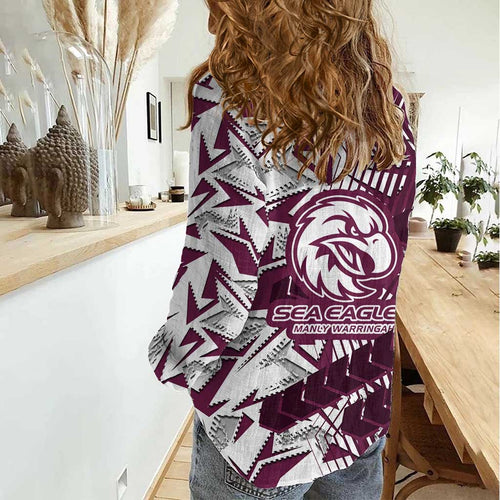 Manly Warringah Sea Eagles Rugby Women Casual Shirt Fierce Mascot Geometric Tribal Art