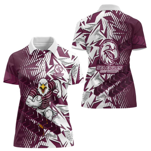 Manly Warringah Sea Eagles Rugby Women Polo Shirt Fierce Mascot Geometric Tribal Art