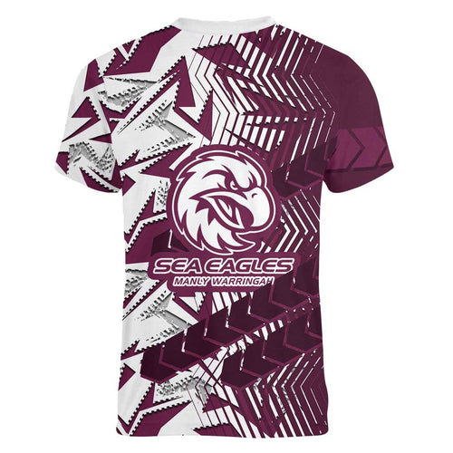 Manly Warringah Sea Eagles Rugby Women V-Neck T-Shirt Fierce Mascot Geometric Tribal Art