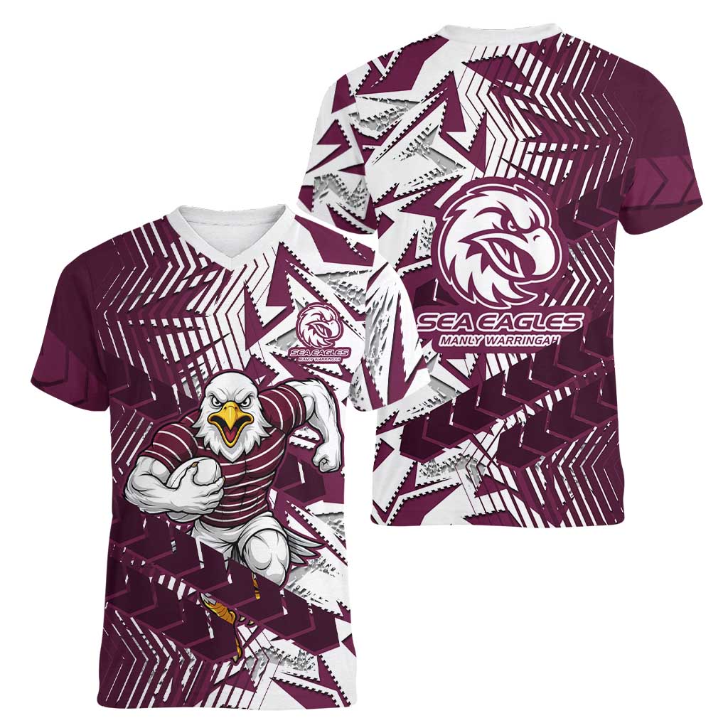 Manly Warringah Sea Eagles Rugby Women V-Neck T-Shirt Fierce Mascot Geometric Tribal Art