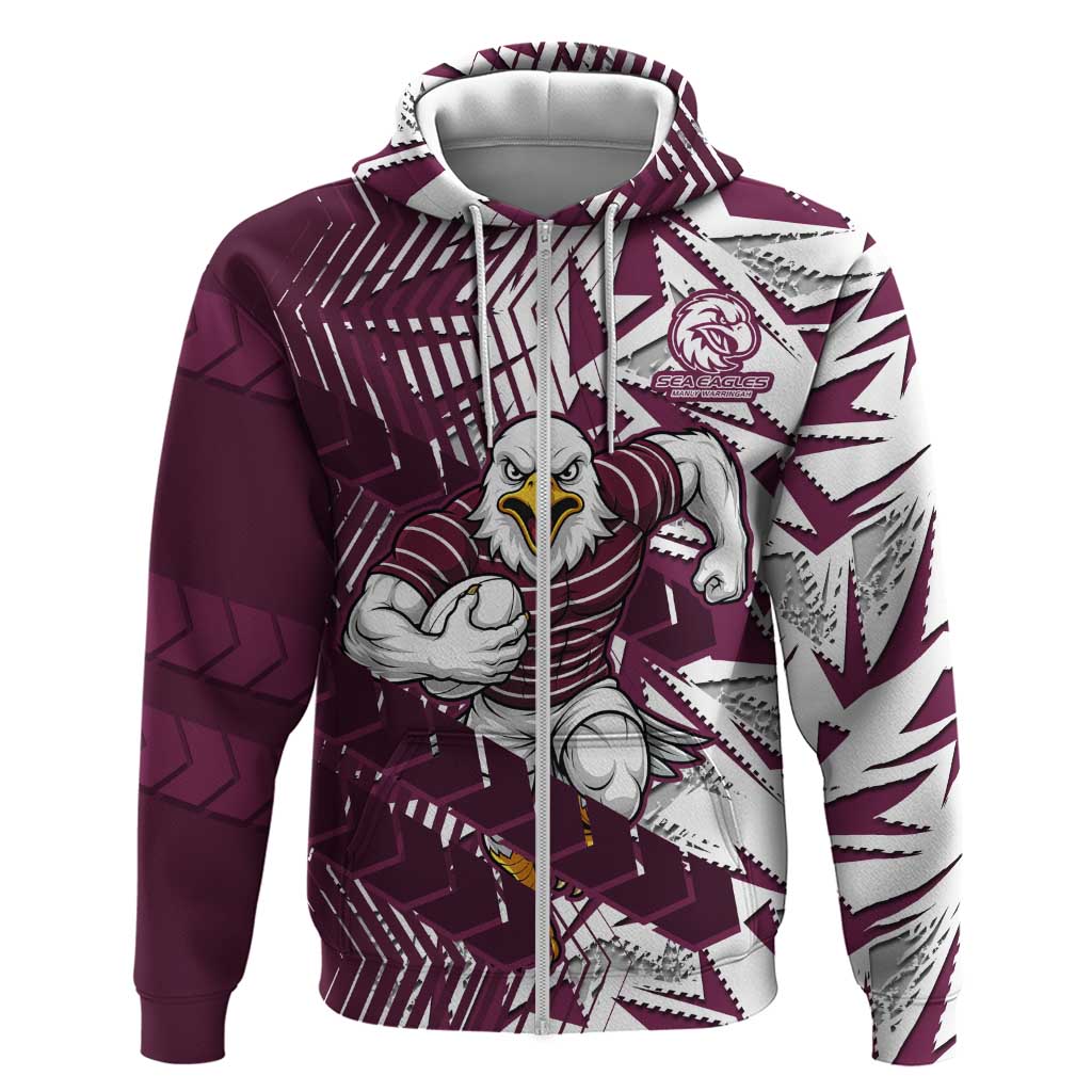 Manly Warringah Sea Eagles Rugby Zip Hoodie Fierce Mascot Geometric Tribal Art