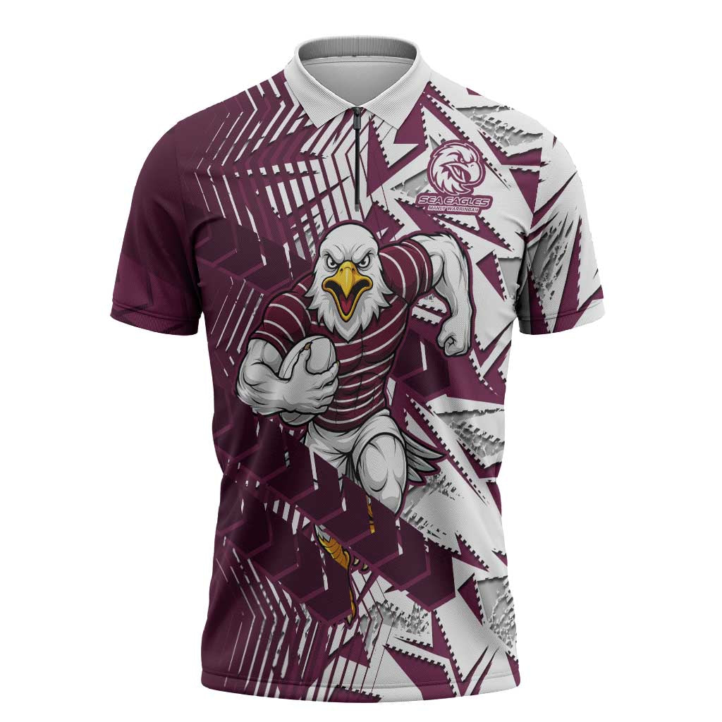 Manly Warringah Sea Eagles Rugby Zipper Polo Shirt Fierce Mascot Geometric Tribal Art