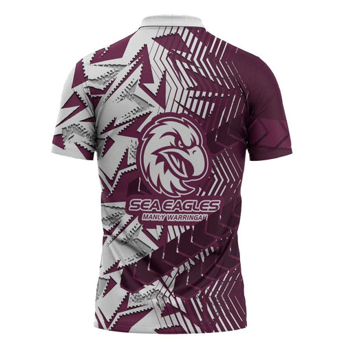 Manly Warringah Sea Eagles Rugby Zipper Polo Shirt Fierce Mascot Geometric Tribal Art