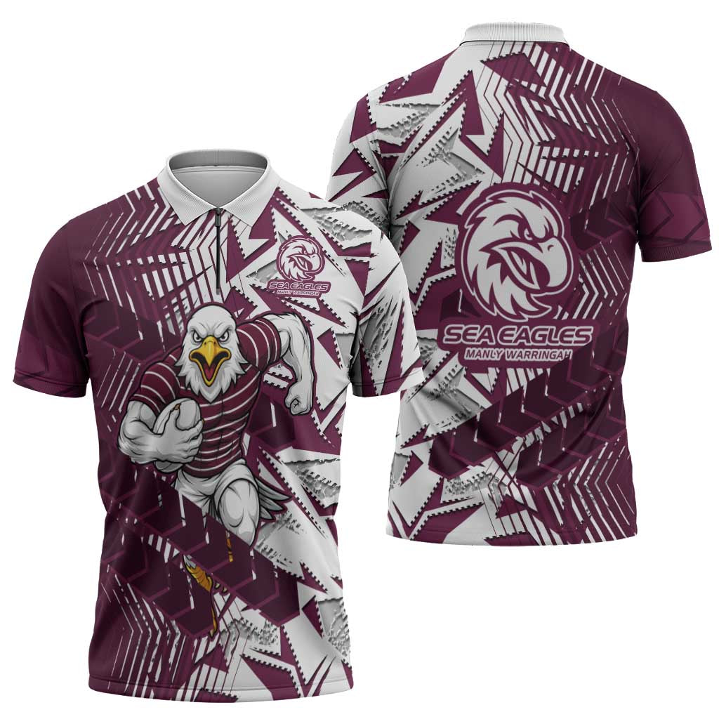 Manly Warringah Sea Eagles Rugby Zipper Polo Shirt Fierce Mascot Geometric Tribal Art