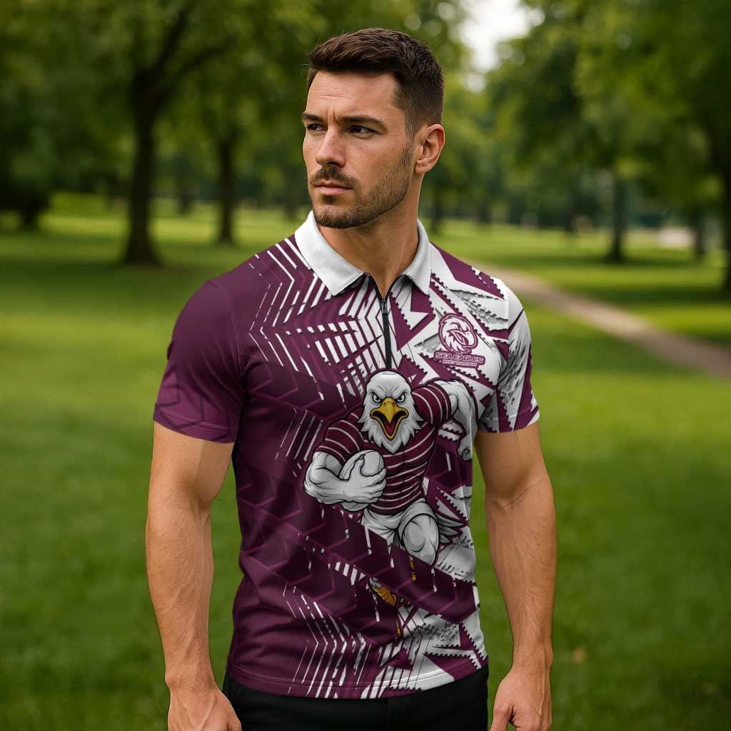 Manly Warringah Sea Eagles Rugby Zipper Polo Shirt Fierce Mascot Geometric Tribal Art
