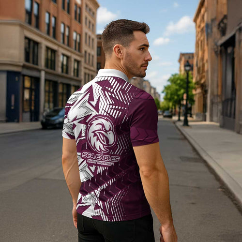 Manly Warringah Sea Eagles Rugby Zipper Polo Shirt Fierce Mascot Geometric Tribal Art