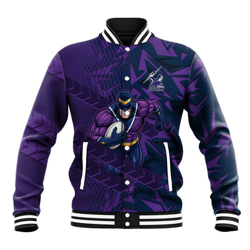 Melbourne Storm Rugby Baseball Jacket Fierce Mascot Geometric Tribal Art