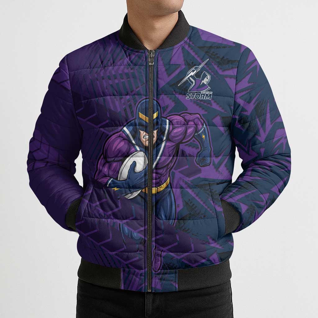 Melbourne Storm Rugby Bomber Puffer Jacket Fierce Mascot Geometric Tribal Art