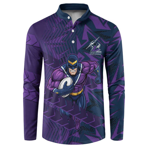 Melbourne Storm Rugby Button Sweatshirt Fierce Mascot Geometric Tribal Art