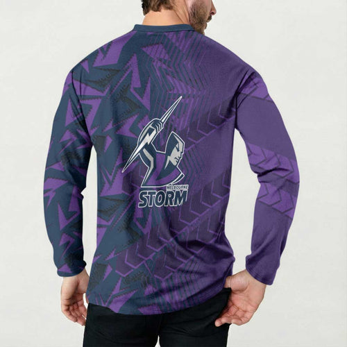 Melbourne Storm Rugby Button Sweatshirt Fierce Mascot Geometric Tribal Art