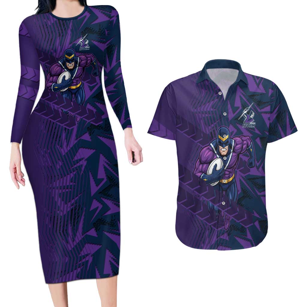 Melbourne Storm Rugby Couples Matching Long Sleeve Bodycon Dress and Hawaiian Shirt Fierce Mascot Geometric Tribal Art