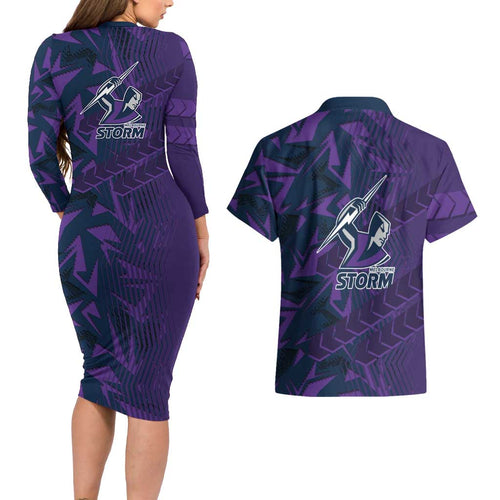 Melbourne Storm Rugby Couples Matching Long Sleeve Bodycon Dress and Hawaiian Shirt Fierce Mascot Geometric Tribal Art