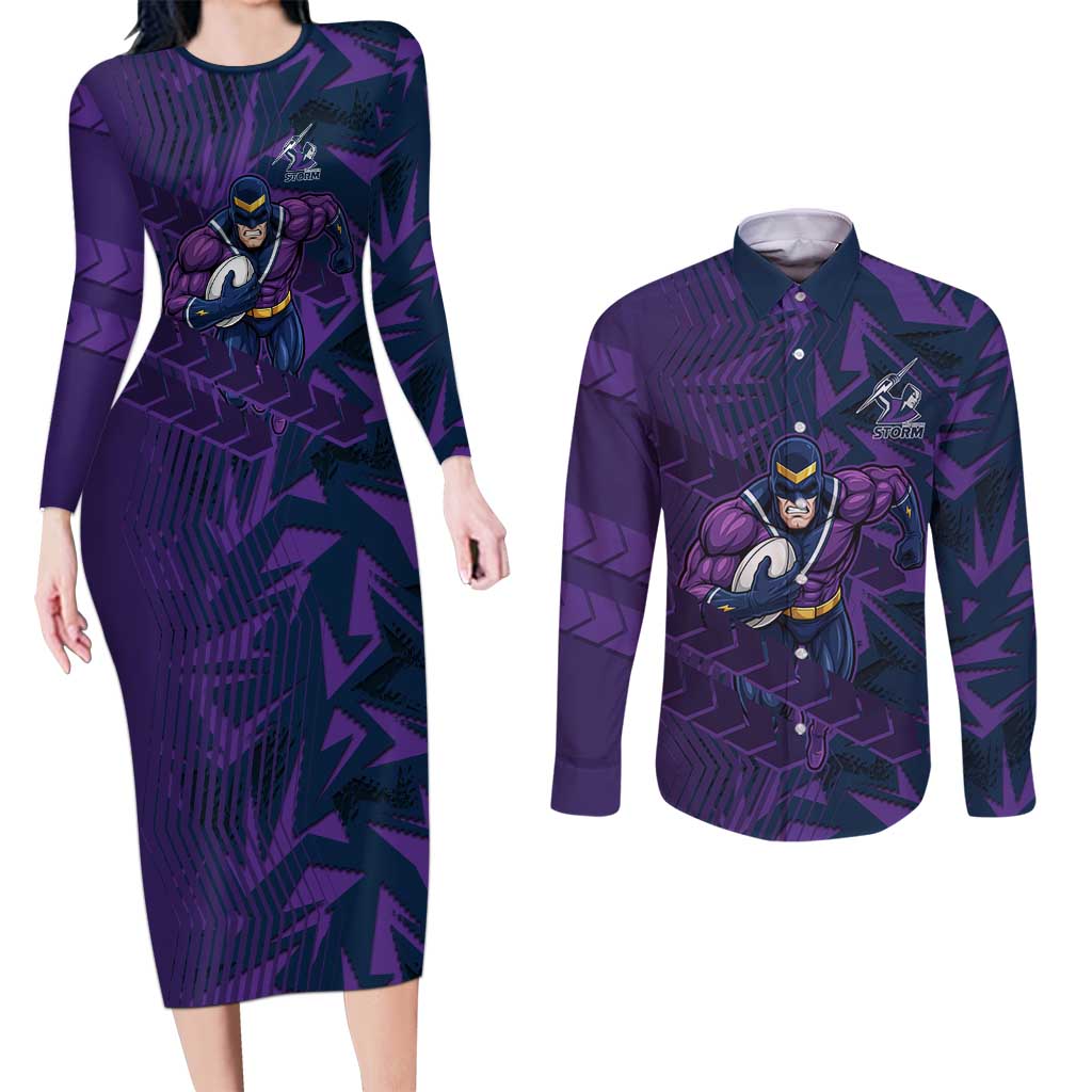 Melbourne Storm Rugby Couples Matching Long Sleeve Bodycon Dress and Long Sleeve Button Shirt Fierce Mascot Geometric Tribal Art