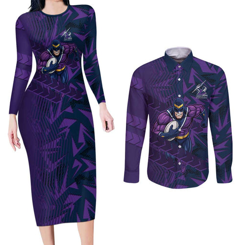 Melbourne Storm Rugby Couples Matching Long Sleeve Bodycon Dress and Long Sleeve Button Shirt Fierce Mascot Geometric Tribal Art