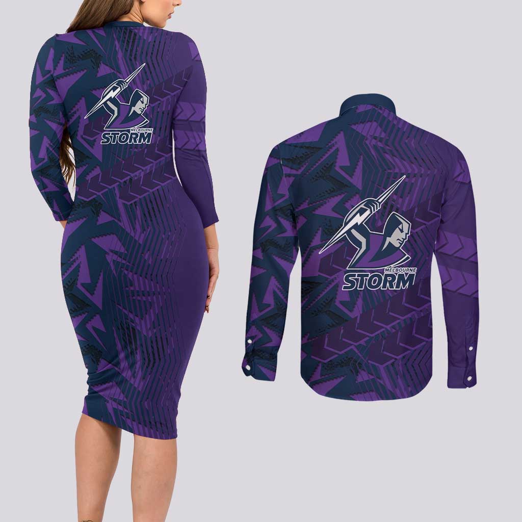 Melbourne Storm Rugby Couples Matching Long Sleeve Bodycon Dress and Long Sleeve Button Shirt Fierce Mascot Geometric Tribal Art