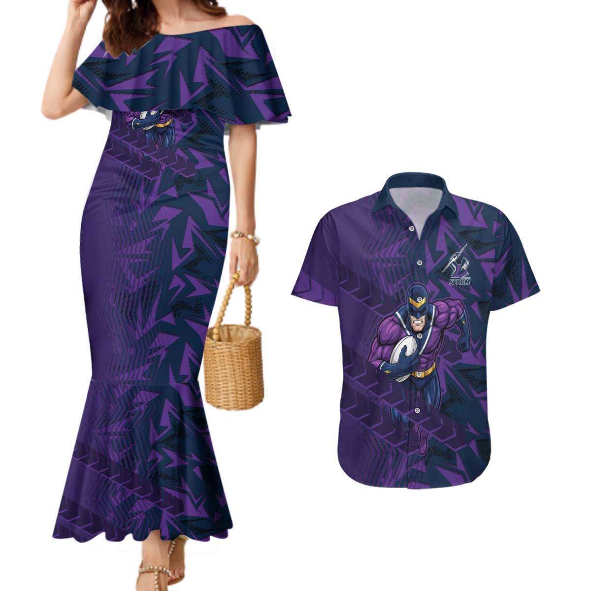 Melbourne Storm Rugby Couples Matching Mermaid Dress and Hawaiian Shirt Fierce Mascot Geometric Tribal Art