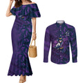 Melbourne Storm Rugby Couples Matching Mermaid Dress and Long Sleeve Button Shirt Fierce Mascot Geometric Tribal Art