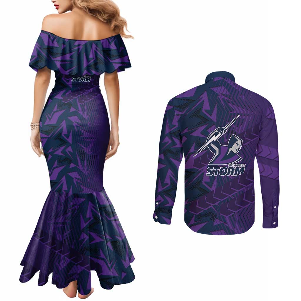 Melbourne Storm Rugby Couples Matching Mermaid Dress and Long Sleeve Button Shirt Fierce Mascot Geometric Tribal Art
