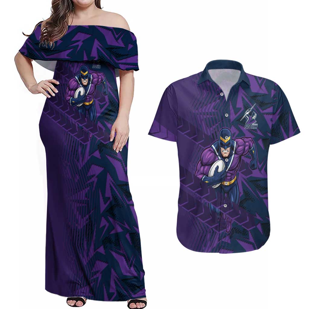 Melbourne Storm Rugby Couples Matching Off Shoulder Maxi Dress and Hawaiian Shirt Fierce Mascot Geometric Tribal Art