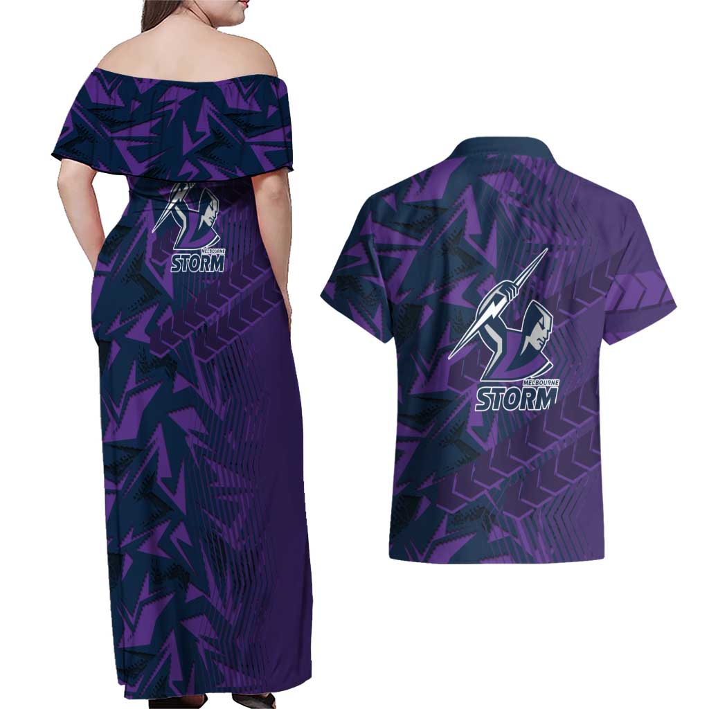 Melbourne Storm Rugby Couples Matching Off Shoulder Maxi Dress and Hawaiian Shirt Fierce Mascot Geometric Tribal Art