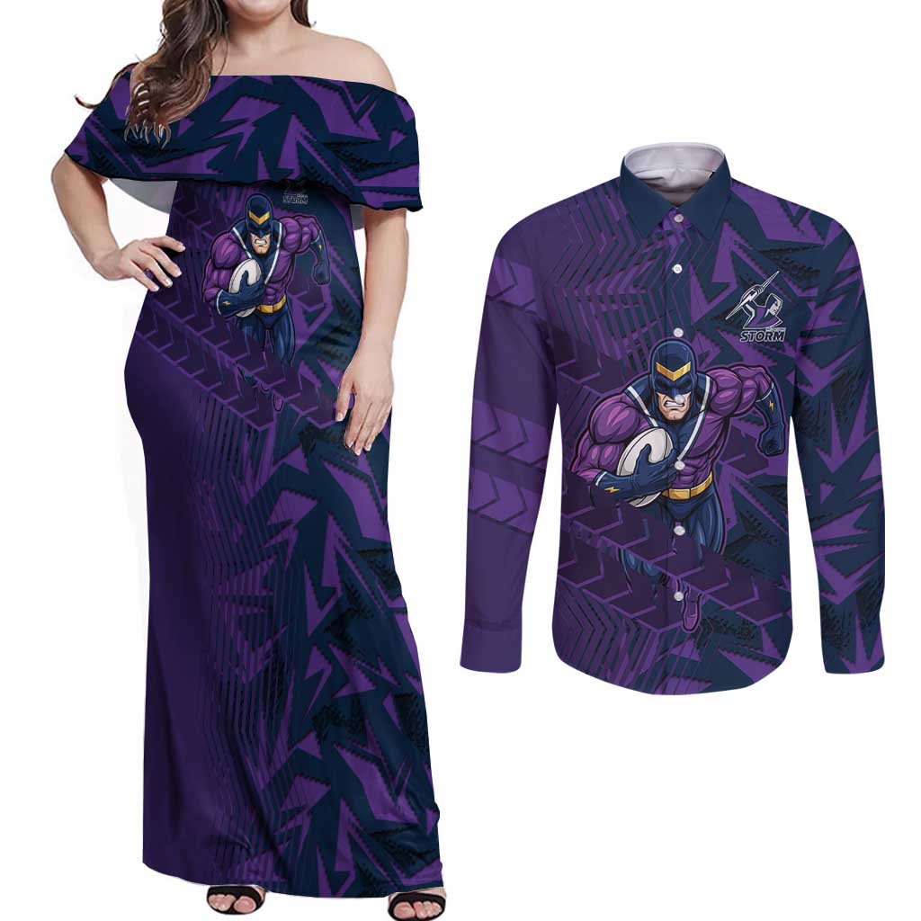 Melbourne Storm Rugby Couples Matching Off Shoulder Maxi Dress and Long Sleeve Button Shirt Fierce Mascot Geometric Tribal Art