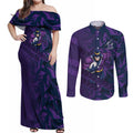 Melbourne Storm Rugby Couples Matching Off Shoulder Maxi Dress and Long Sleeve Button Shirt Fierce Mascot Geometric Tribal Art