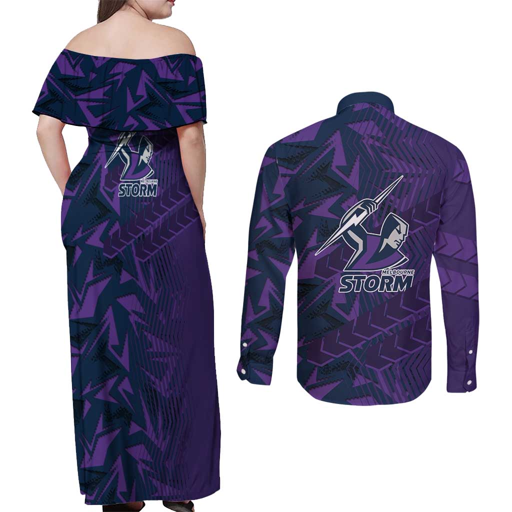 Melbourne Storm Rugby Couples Matching Off Shoulder Maxi Dress and Long Sleeve Button Shirt Fierce Mascot Geometric Tribal Art