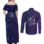 Melbourne Storm Rugby Couples Matching Off Shoulder Maxi Dress and Long Sleeve Button Shirt Fierce Mascot Geometric Tribal Art