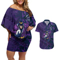 Melbourne Storm Rugby Couples Matching Off Shoulder Short Dress and Hawaiian Shirt Fierce Mascot Geometric Tribal Art