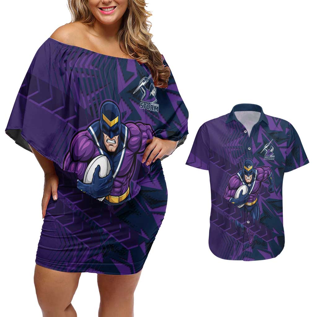Melbourne Storm Rugby Couples Matching Off Shoulder Short Dress and Hawaiian Shirt Fierce Mascot Geometric Tribal Art