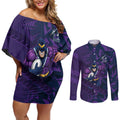 Melbourne Storm Rugby Couples Matching Off Shoulder Short Dress and Long Sleeve Button Shirt Fierce Mascot Geometric Tribal Art