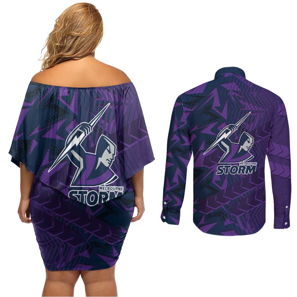 Melbourne Storm Rugby Couples Matching Off Shoulder Short Dress and Long Sleeve Button Shirt Fierce Mascot Geometric Tribal Art