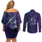 Melbourne Storm Rugby Couples Matching Off Shoulder Short Dress and Long Sleeve Button Shirt Fierce Mascot Geometric Tribal Art