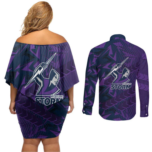 Melbourne Storm Rugby Couples Matching Off Shoulder Short Dress and Long Sleeve Button Shirt Fierce Mascot Geometric Tribal Art