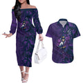 Melbourne Storm Rugby Couples Matching Off The Shoulder Long Sleeve Dress and Hawaiian Shirt Fierce Mascot Geometric Tribal Art
