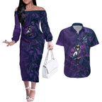 Melbourne Storm Rugby Couples Matching Off The Shoulder Long Sleeve Dress and Hawaiian Shirt Fierce Mascot Geometric Tribal Art
